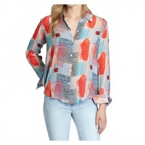NEW APNY roll sleeve button up top in red & blue paint